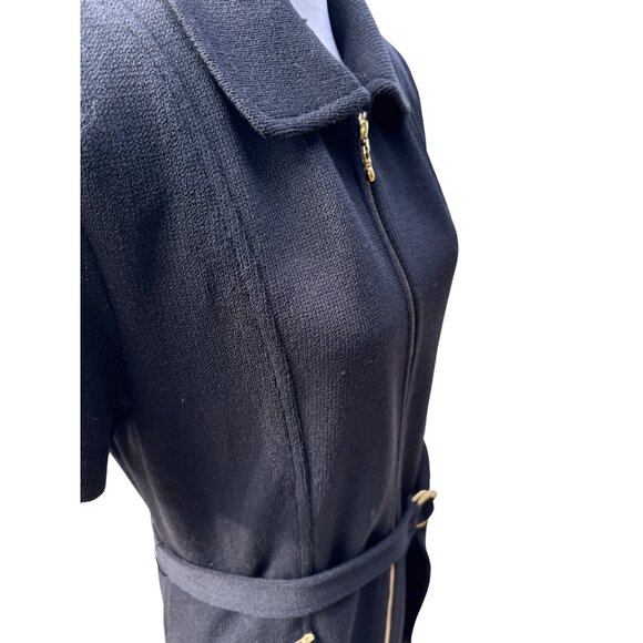 Vintage Black Short Sleeve Belted Knit Dress With Gold Zipper & Pockets - Picture 7 of 8